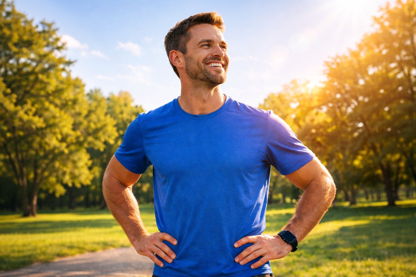 Fit & refreshed man standing in a sunlit park, looking confident and energized | True Test