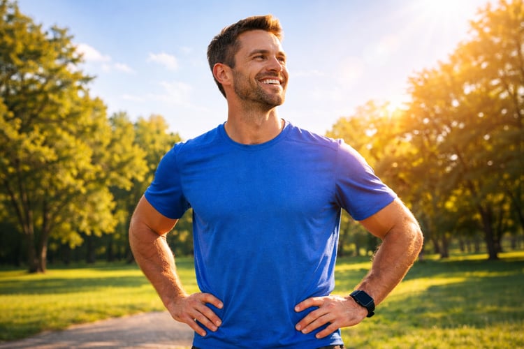 Fit & refreshed man standing in a sunlit park, looking confident and energized | True Test