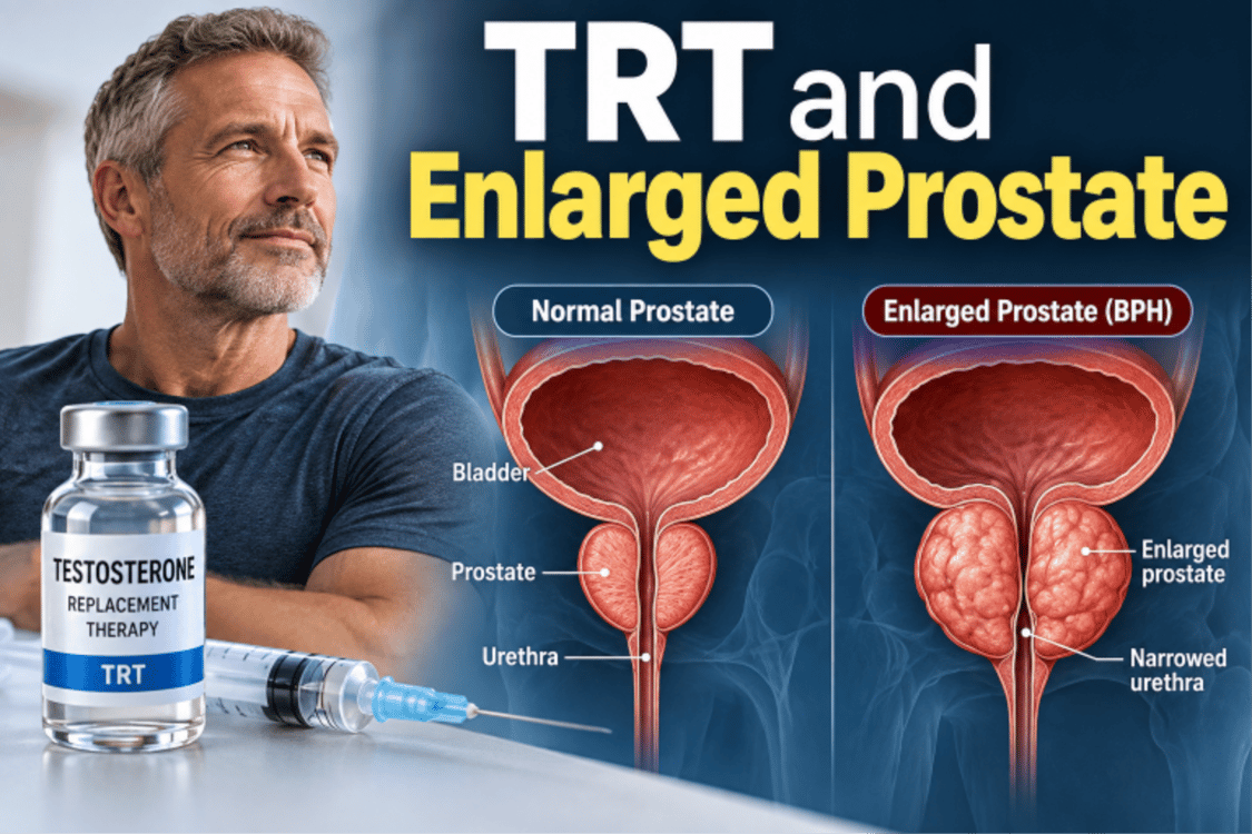 Man beside a testosterone vial and syringe, with diagrams comparing a normal prostate to an enlarged prostate with BPH.