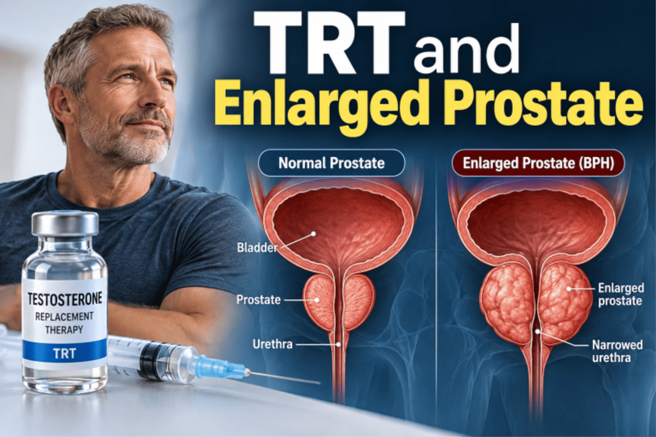 Man beside a testosterone vial and syringe, with diagrams comparing a normal prostate to an enlarged prostate with BPH.