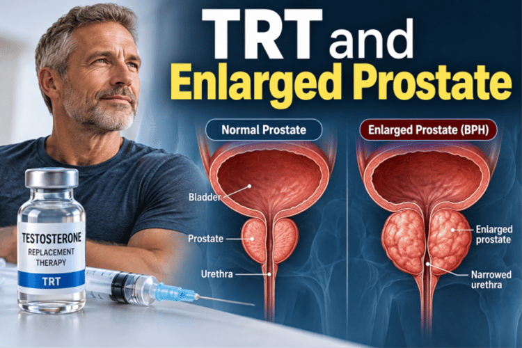 Man beside a testosterone vial and syringe, with diagrams comparing a normal prostate to an enlarged prostate with BPH.