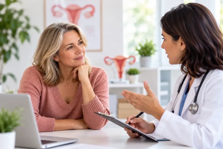 Woman consulting a healthcare provider in an office with reproductive anatomy models.