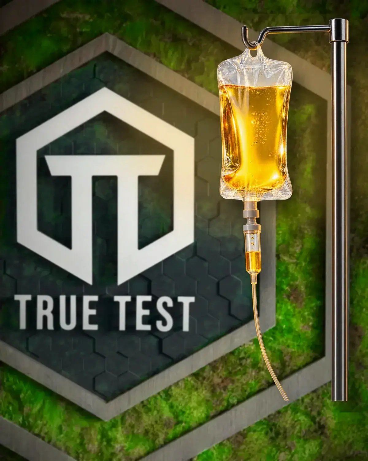 A vitamin IV drip in the True Test lounge, in front of the living moss wall