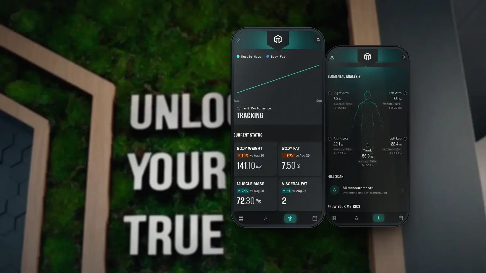 The True Test app tracking body weight, body fat, muscle mass and visceral fat over time, shown against the clinic moss wall