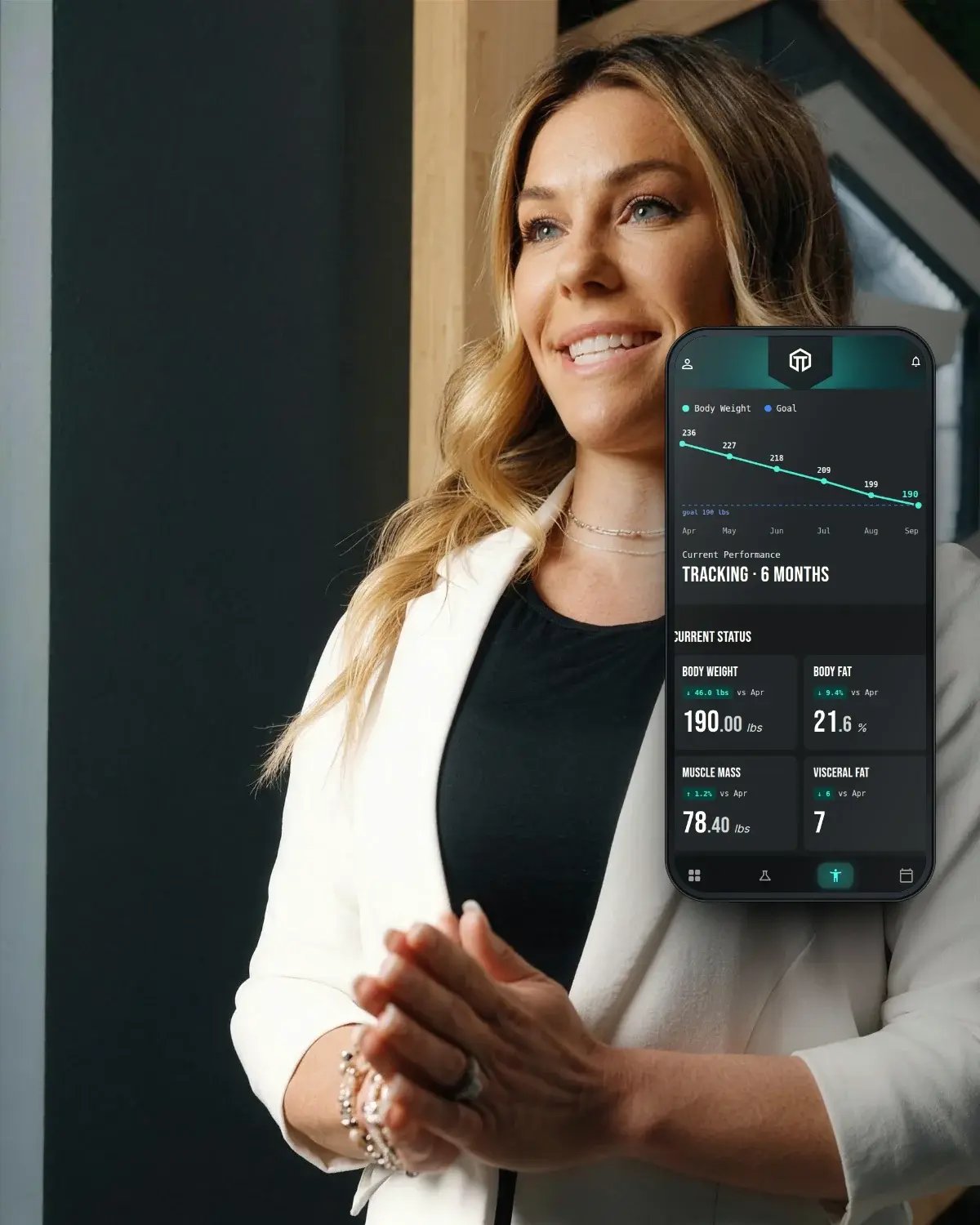 Melissa Short, True Test co-founder, beside an illustrative True Test app tracking screen: six monthly InBody scans, body weight down 46 lb, muscle mass held