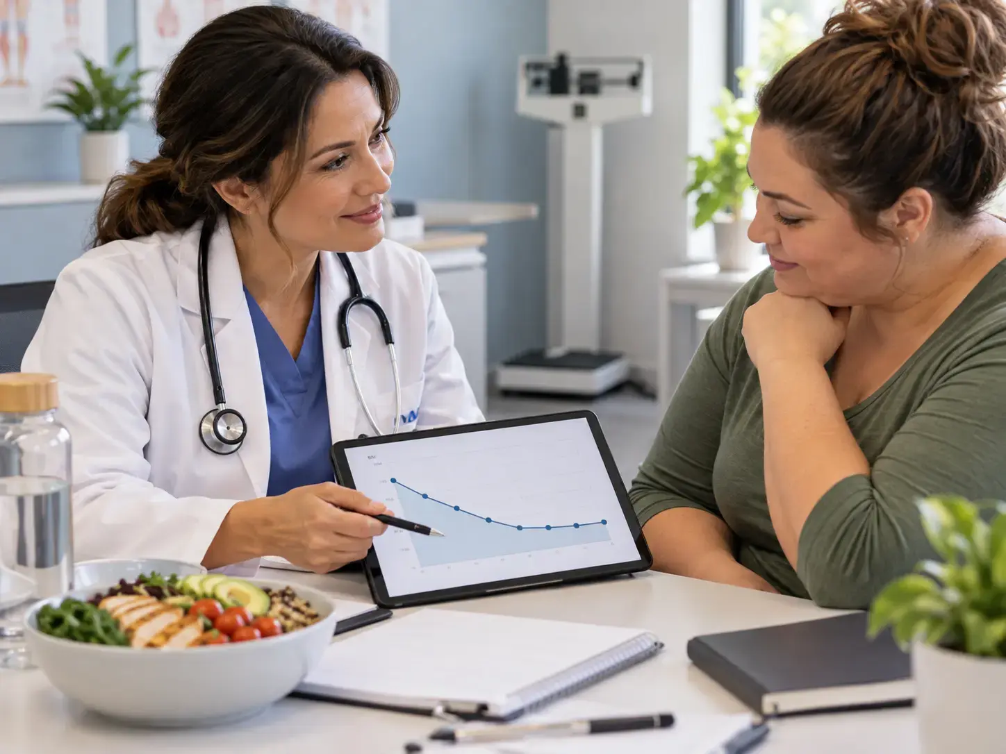 Doctor reviewing a weight loss plateau chart on a tablet with a patient during a consultation.