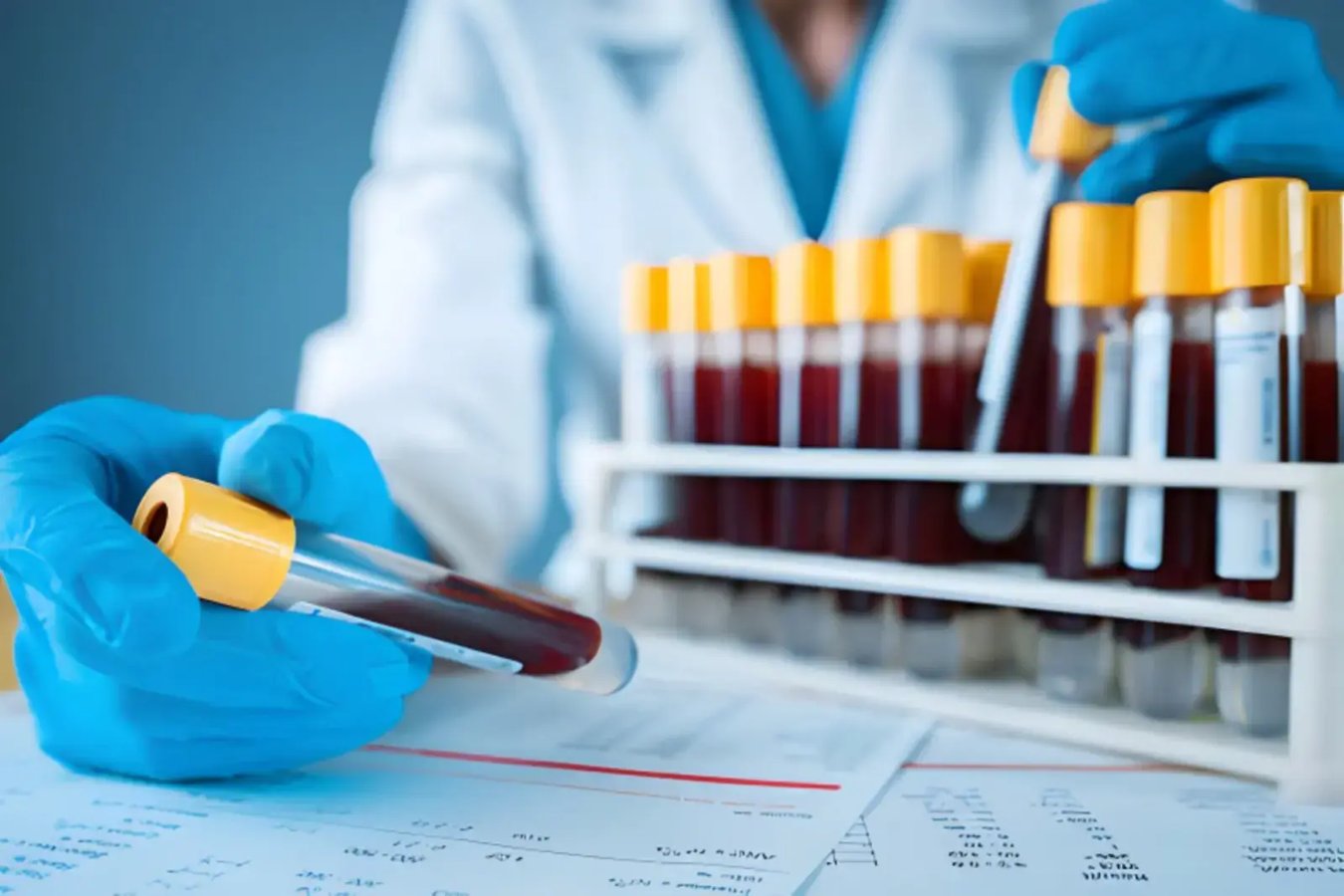 Laboratory technician handling blood samples for follow up bloodwork during TRT monitoring.