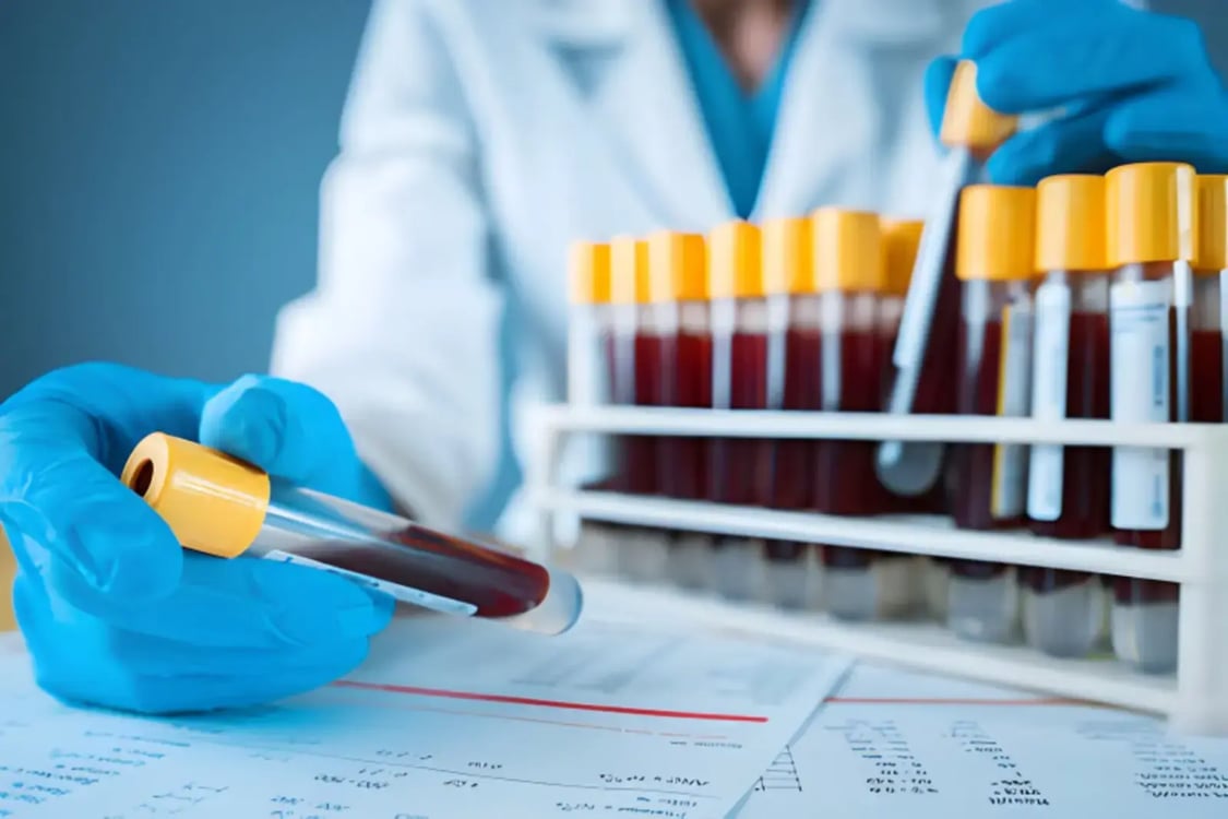 Laboratory technician handling blood samples for follow up bloodwork during TRT monitoring.